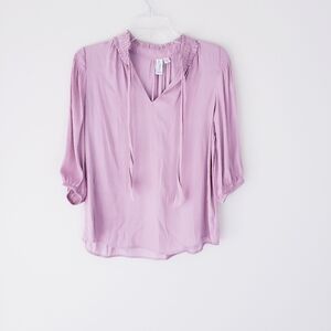 Joie Pink Silky Tie Neck Elbow Sleeve Blouse Size XS Pink Mauve Purple